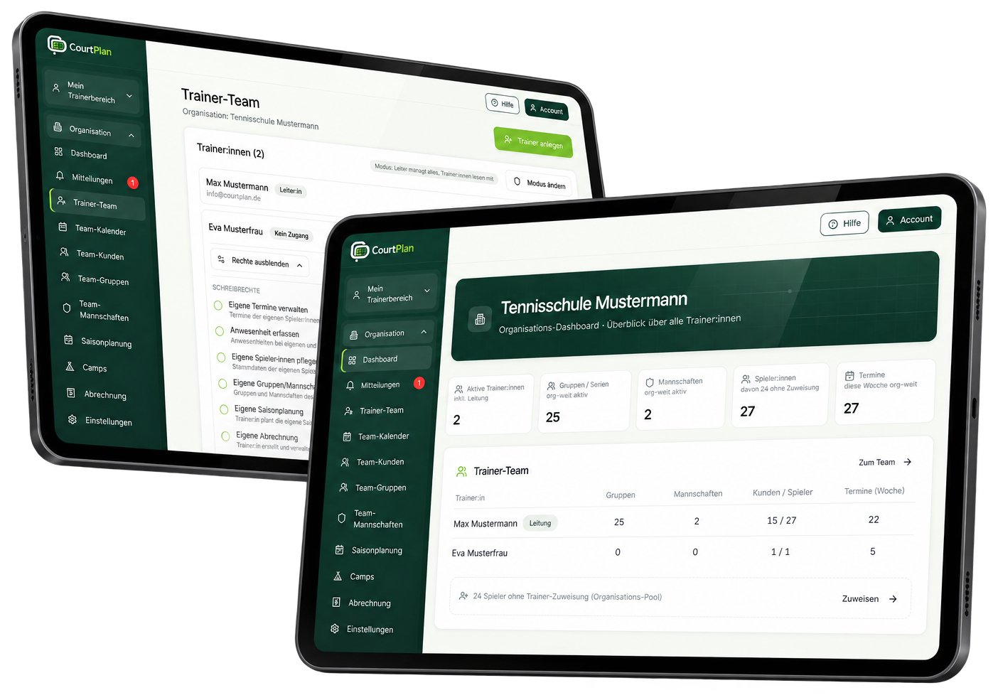 CourtPlan auf dem Tablet: Organisations-Dashboard der Tennisschule und Trainer-Team mit Schreibrechten
